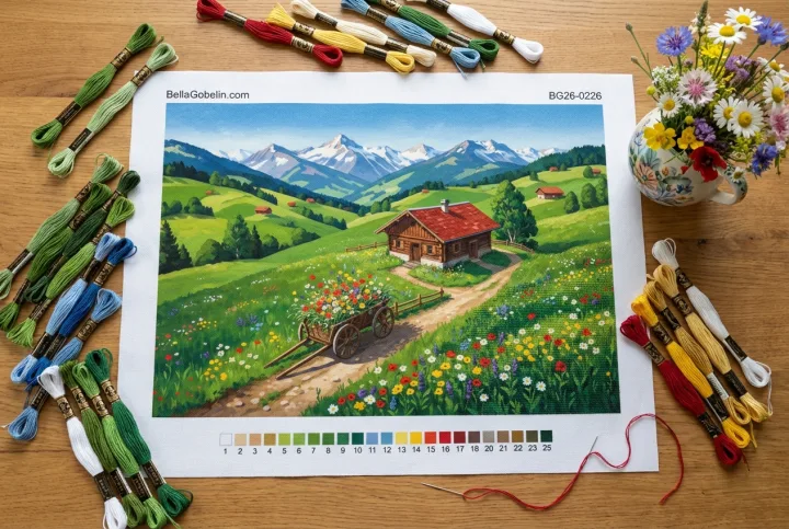 Alpenlandschaft mit blumengeschmücktem Wagen – BG26-0226