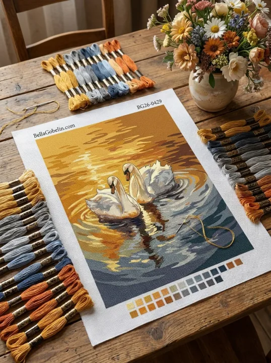 Schwäne auf dem goldenen Wasser