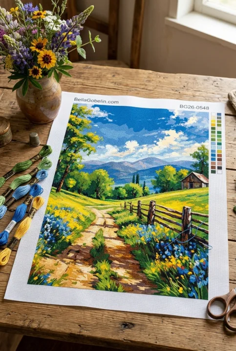 Ländliche Landschaft mit blumigem Weg