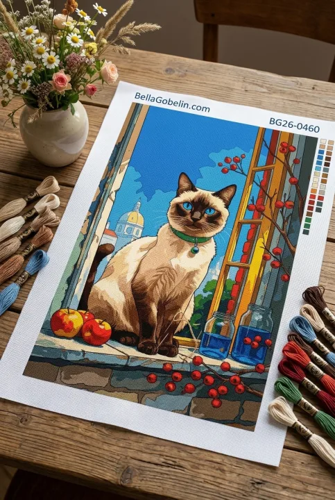Siamesische Katze als Gobelin im Fenster