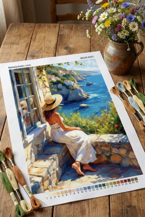 Mediterrane Landschaft mit Frau – BG26-0301