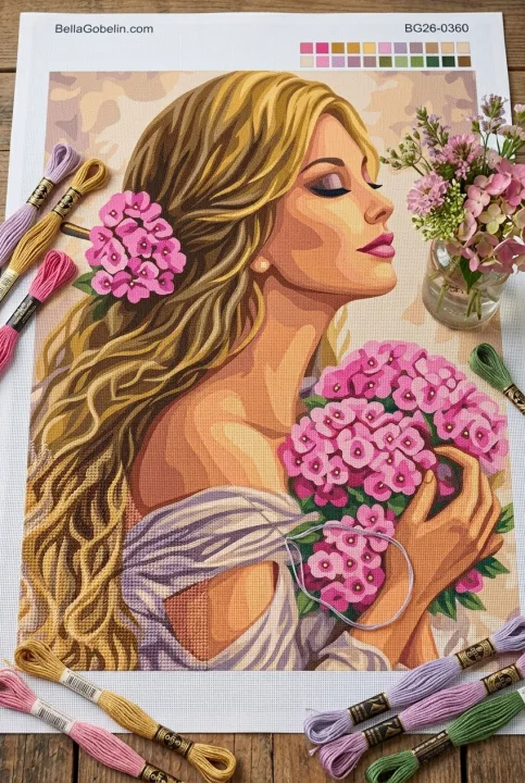 Dame mit rosa Blumen