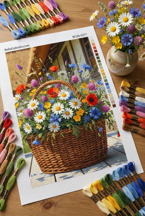 Blumenkorb vor einem Landhaus
