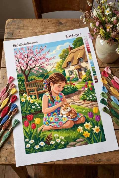 Mädchen mit Katze im Blumengarten