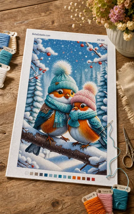 Kleine Vögel im Schal und mit Mütze