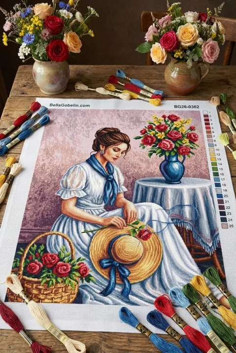 Dame mit Hut und Blumen