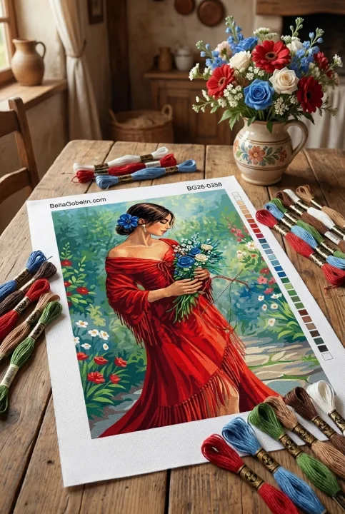 Dame in rotem Kleid mit Blumen