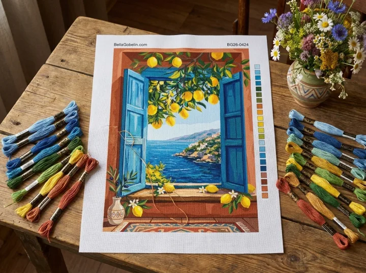 Mediterranes Fenster mit Zitronen (Gobelin)