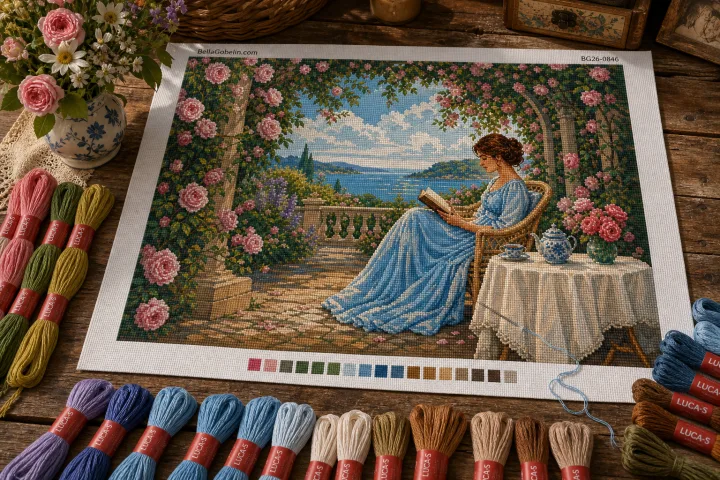 Lesende Dame unter dem Rosenbogen