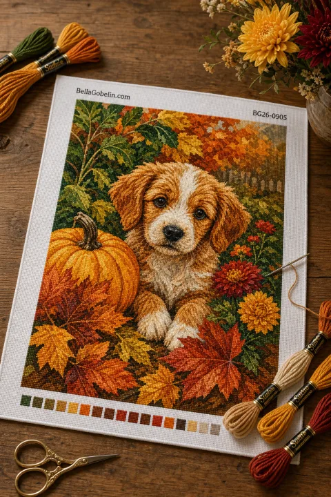 Herbstlicher Welpe zwischen Kürbissen