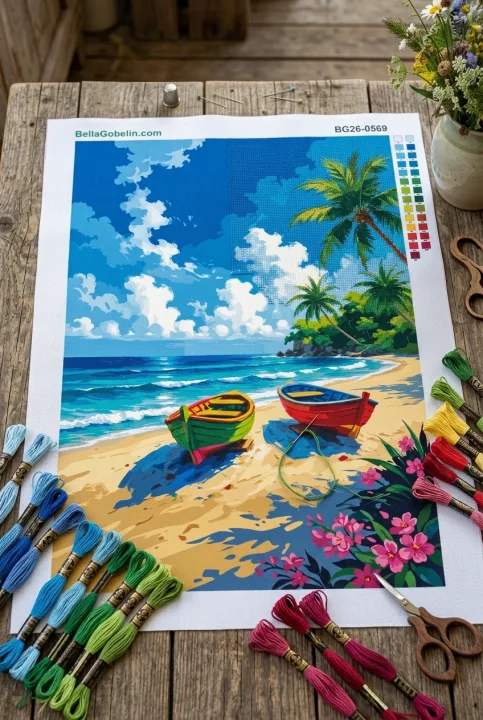Tropische Strandboote als Gobelin