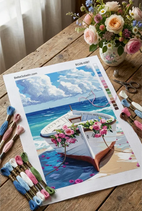 Blumenboot am Strand