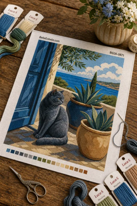 Katze auf der Strandterrasse