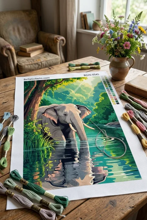 Elefant am Dschungelbach (Gobelin)