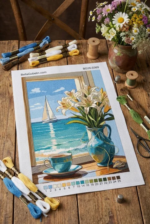 Stillleben am Strand mit Blumen