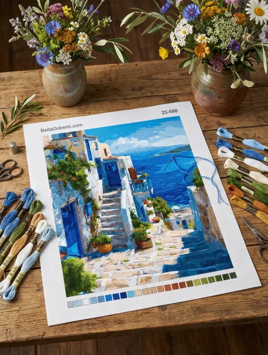 Griechisches Landschaftsbild mit Gobelin-Design – 25-688