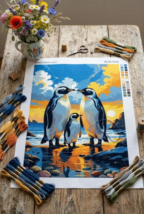 Pinguinfamilie beim Sticken