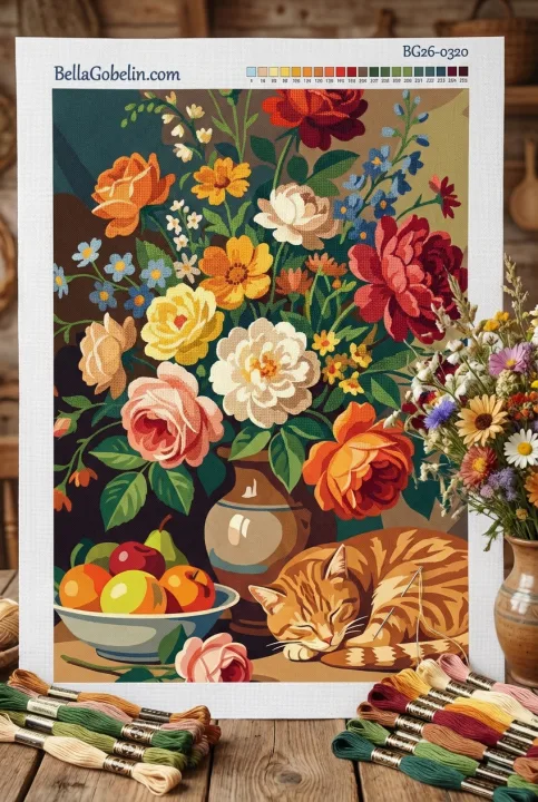 Stillleben mit Blumen und Katze – BG26-0320