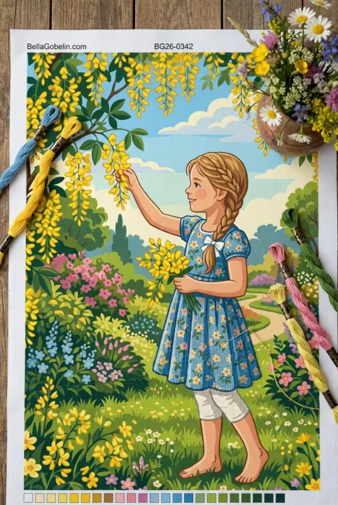 Mädchen mit Goldregenblüten