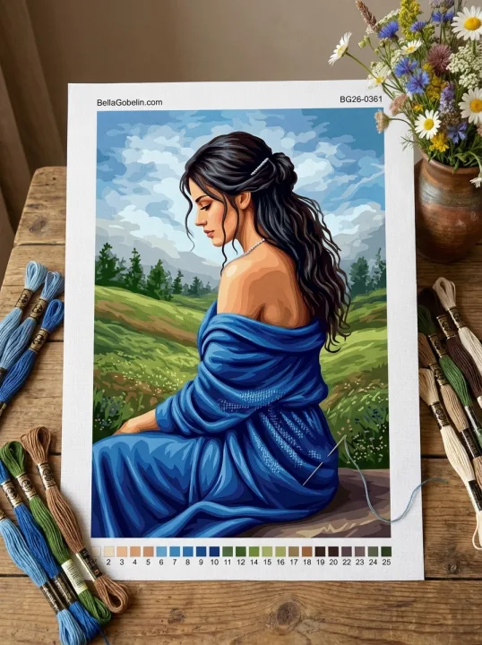 Dame in blauem Kleid auf der Wiese