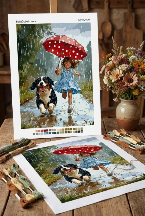 Kleines Mädchen mit Hund im Regen
