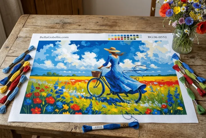 Dame mit Fahrrad auf einer Blumenwiese (Gobelin)