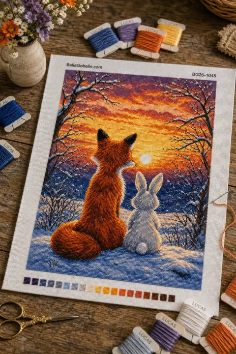 Fuchs und Hase im Sonnenuntergang