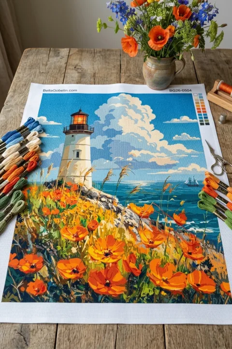 Leuchtturm an einer blumigen Küste