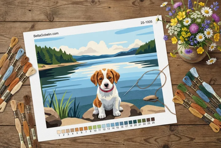 Hunde-Porträt - Gepunkteter Welpe am See – 25-1005