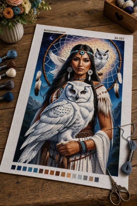 Indianisches Mädchen mit weißer Eule