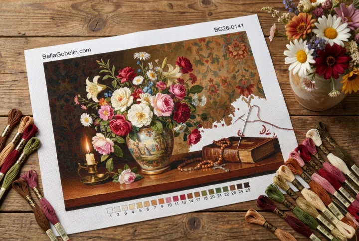 Blumen, Kerze, religiöses Stillleben