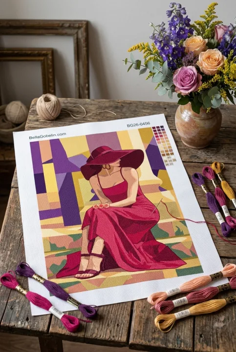 Elegante Dame mit Hut – Version in purpurfarbenem Kleid