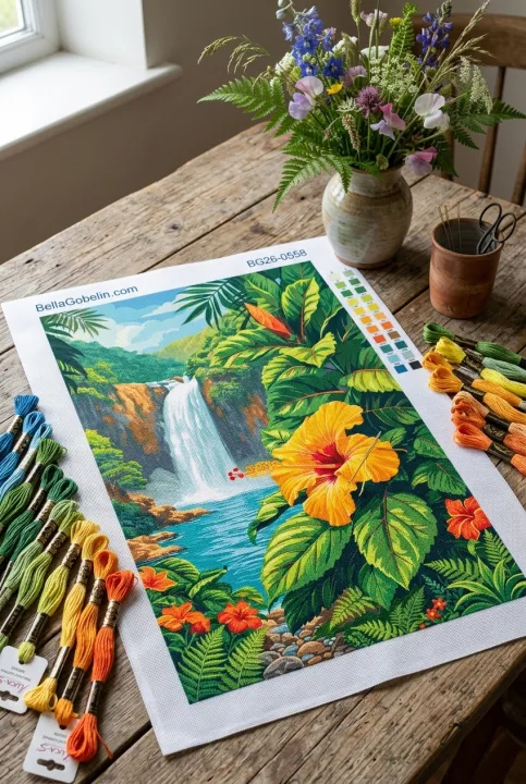Tropischer Wasserfall mit Hibiskusblüten