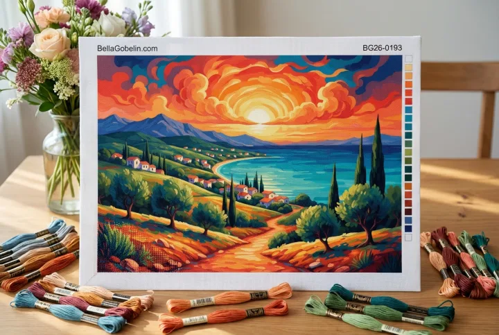 Mediterrane Landschaft bei Sonnenuntergang