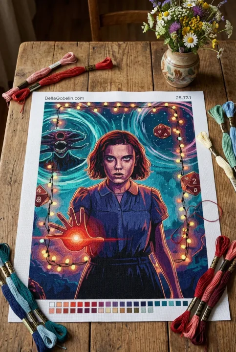 Stranger Things - Eleven-Porträt auf Gobelin-Needlepointtechnik