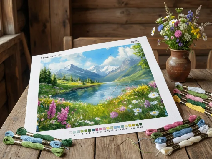 Berge, See, Blumen