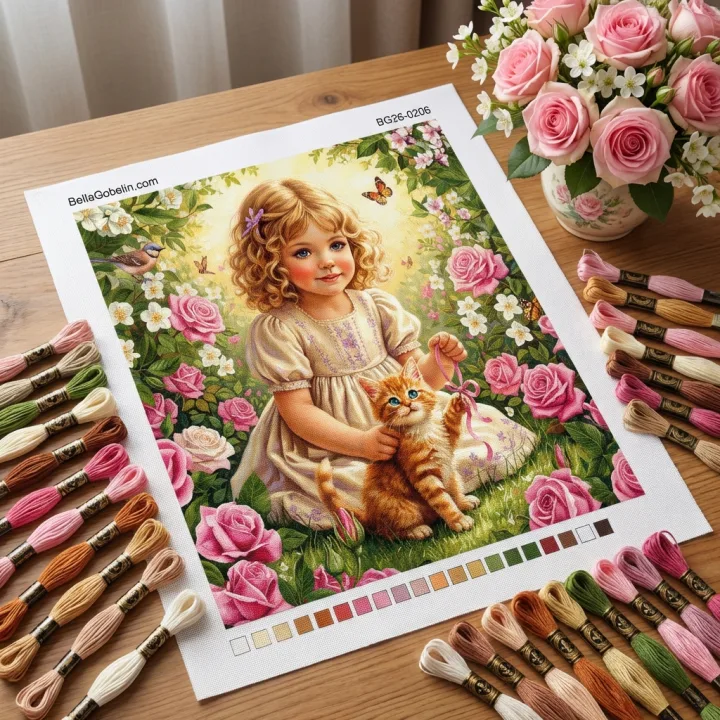 Mädchen, Kätzchen, Rosengarten-Idylle.