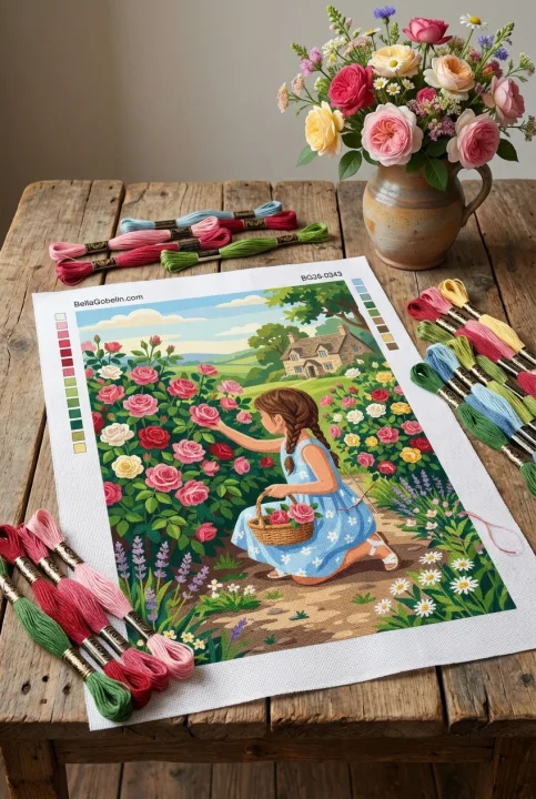 Mädchen pflückt Rosen.