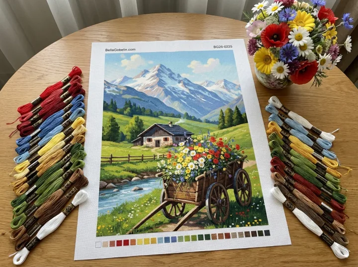 Alpenlandschaft mit blumengeschmücktem Wagen – BG26-0225