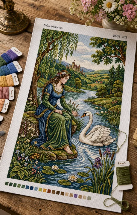 Frau mit Schwan in einer Landschaft