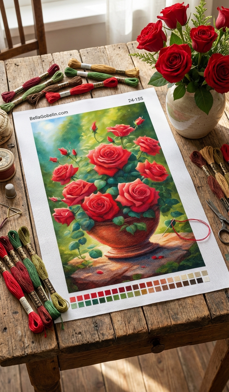 Rote Rosen im Topf
