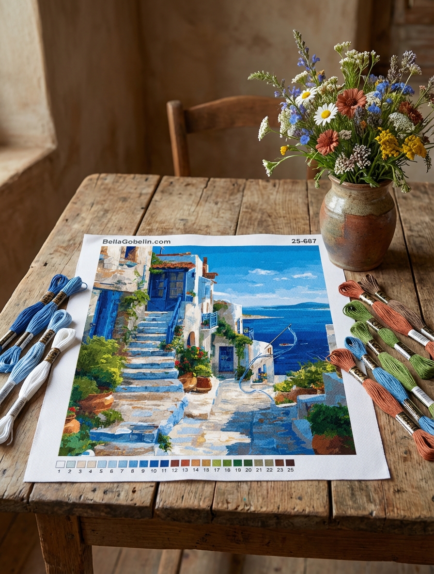 Griechisches Landschaftsbild mit Gobelin-Design – 25-687