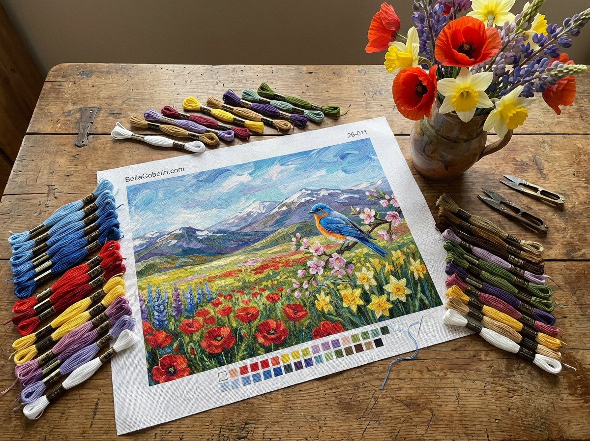 Frühlingslandschaft mit einem kleinen Vogel