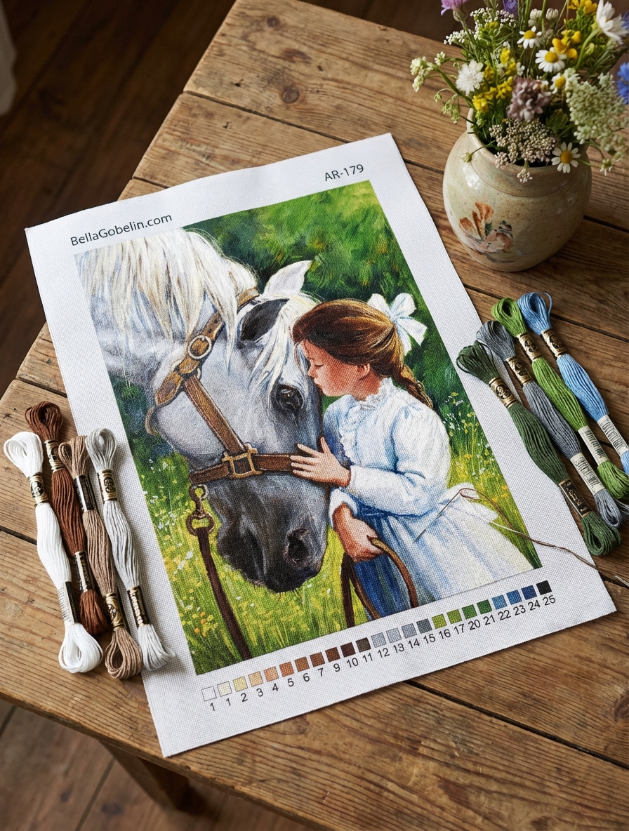 Kleine Dame mit weißem Pferd