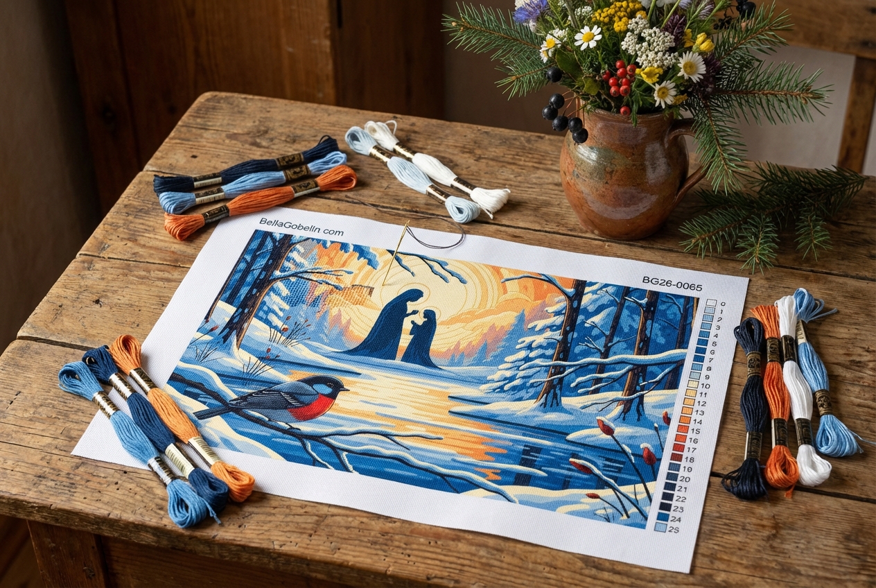 Winterlandschaft mit Vogel auf Gobelin-Leinwand