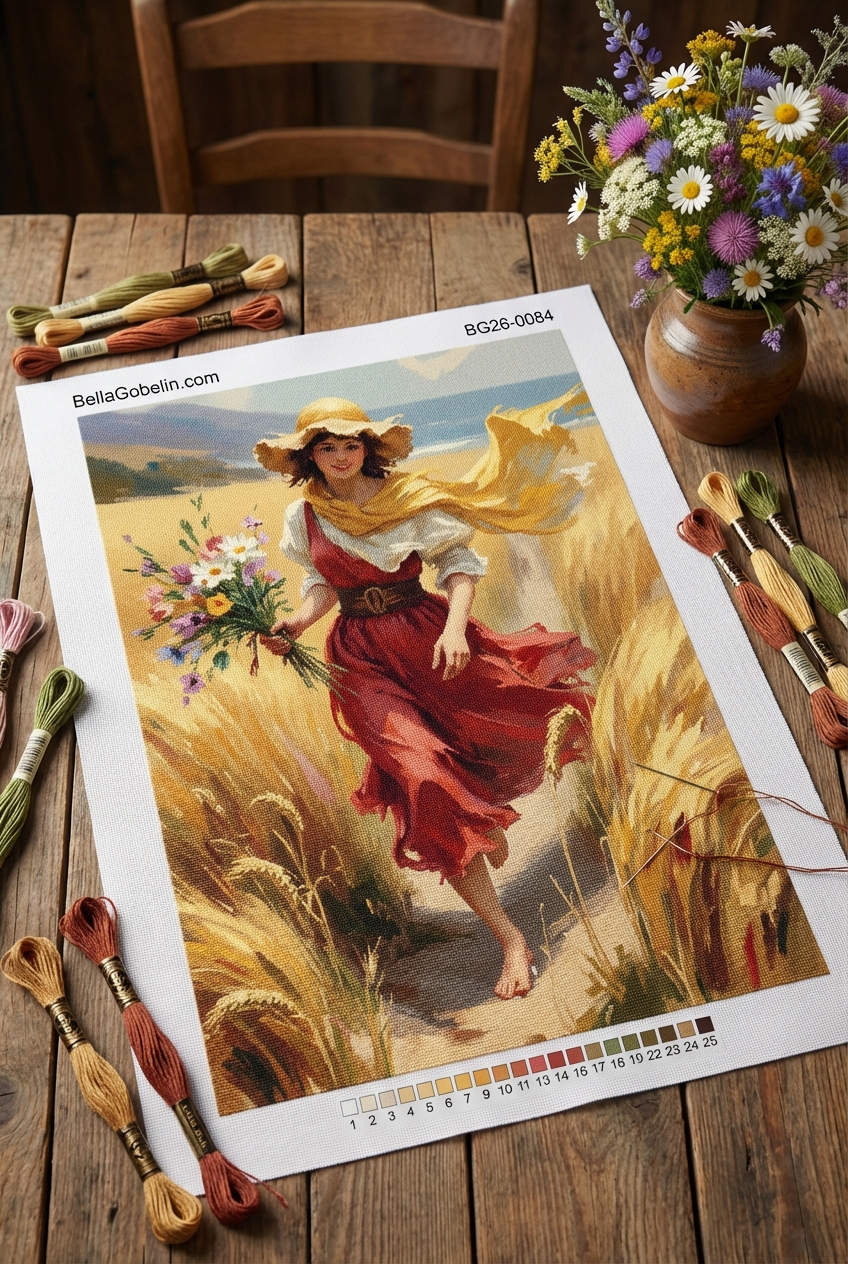 Mädchen mit Blumen auf einer Wiese in Gobelin-Sticktechnik