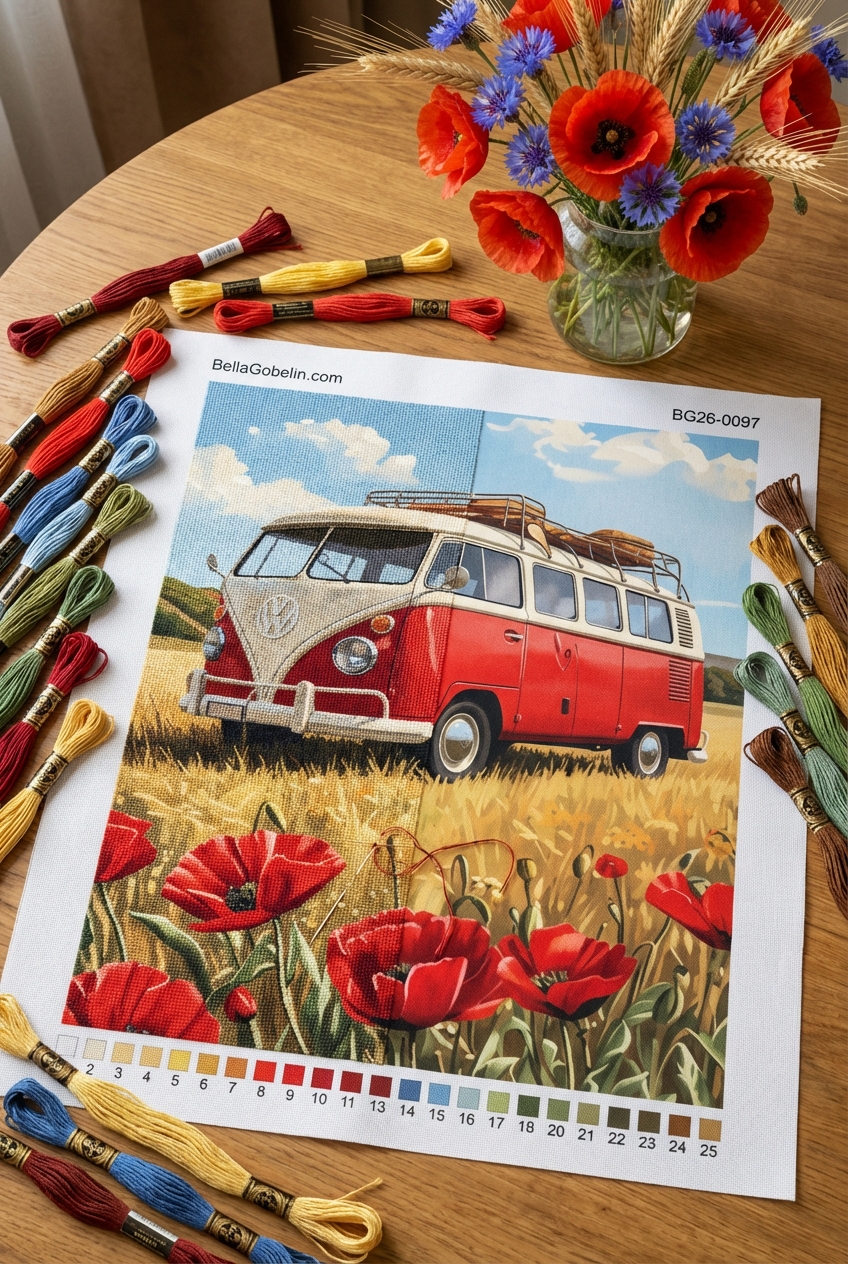 VW-Bus in Mohnblumenfeld