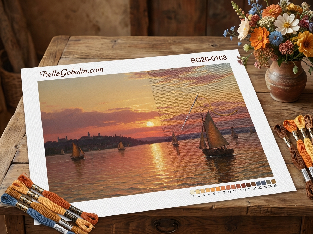 Dubovszkoj - Sonnenuntergang mit Segelschiffen Nachbildung