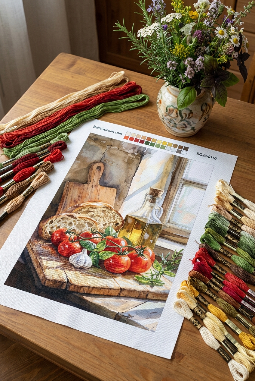 Stillleben mit Brot und Tomaten