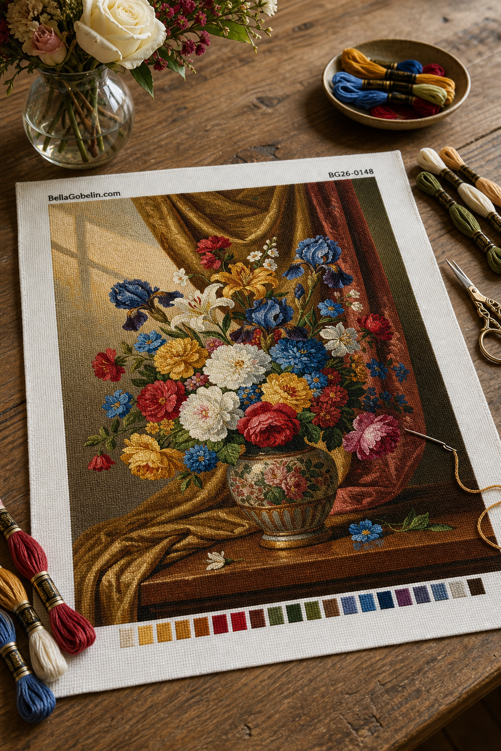 Blumenstillleben mit Drapierung